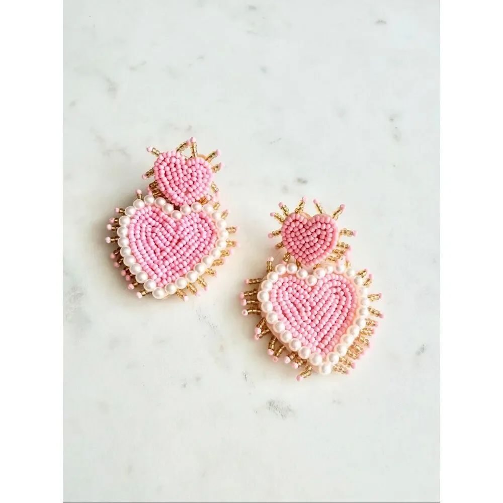 Pink Beaded Heart Pearl Statement Earrings Coquette Valentine’s